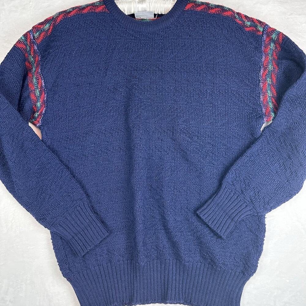 Vintage Meister Wool Ski Sweater Mens XL Navy Geometric 80s Après Ski Crewneck